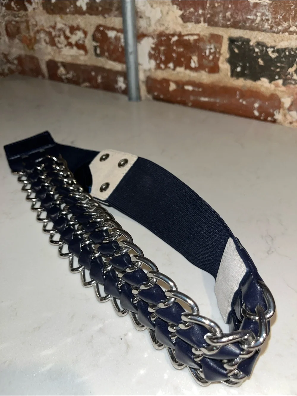 Women’s Navy Elastic Chain-Accent Belt